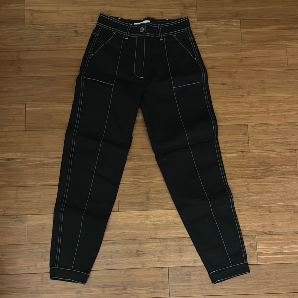 Black High-Waisted Contrast Denim Pants with White Stitching